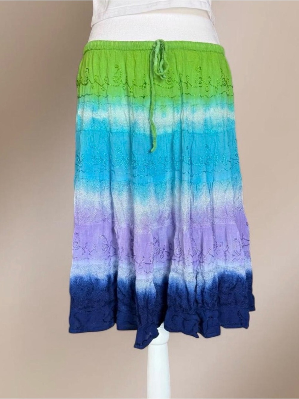 Y2K Green Purple Tie Dye Ombre Boho Midi Skirt M/L Drawstring Waist